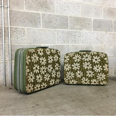 Vintage Samsonite Luggage Retro Avocado Green Luggage Daisy Flower Print Fabric and Green Leather Briefcase Set of 2 LOCAL PICKUP ONLY 