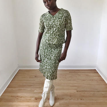 Vintage 60s Avocado Green Top + Skirt Set 2 Pieces 