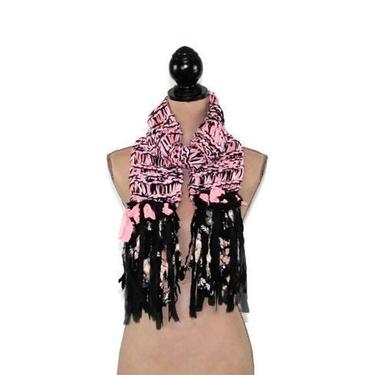 Pink & Black Embellished Hand Knit Scarf Unique Handmade Upcycled Boho Bohemian Hippie Style with Fringe Knitted Scarves for Women Gift Idea 