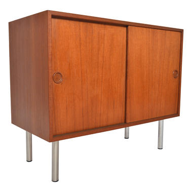 Danish Mid Century Modern Kai Kristiansen Teak Sliding Door Credenza on Chrome Legs 