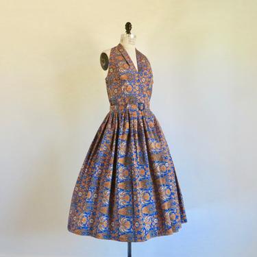 Vintage 1950's Halter Fit and Flare Dress Indonesian  Floral Blue and Brown Print Full Skirt Rockabilly Swing Spring Summer 32&amp;quot; Waist Medium 
