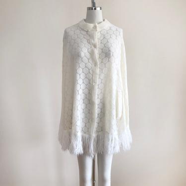 Off-White Pointelle Knit Poncho/Cape with Fringe - 1960s 