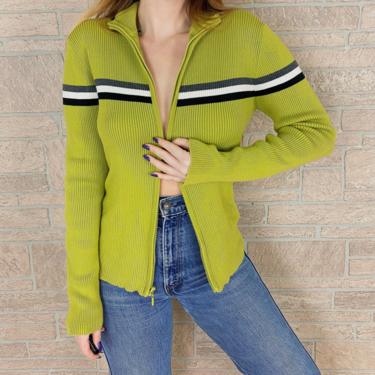 Gap Striped Chartreuse Zip Up Striped Knit Sweater Top 