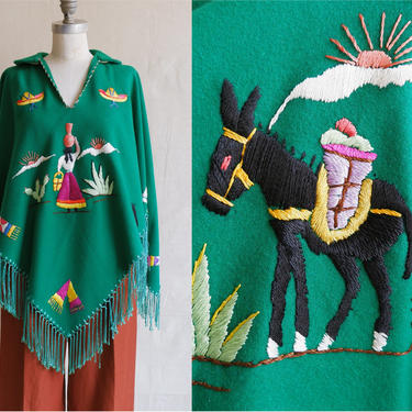 Vintage 50s Embroidered Souvenir Poncho/ 1950s Green Mexican Fringe Jacket/ Cactus Sombrero Zarape Horse 