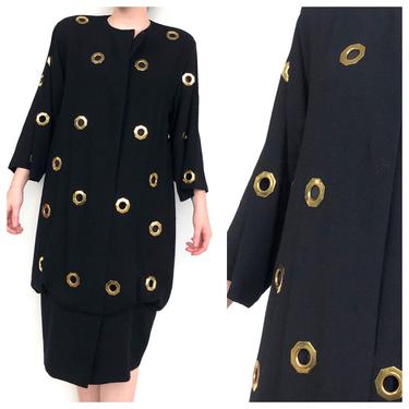 Vintage VTG 1980s 80s Richilene Black Gold Grommet Drop Waist Glam Midi Dress 