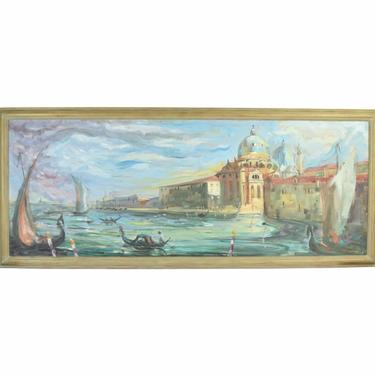 Mid-Century Modern Wide Venetian Canal Scene Oil Painting Santa Maria della Salute 