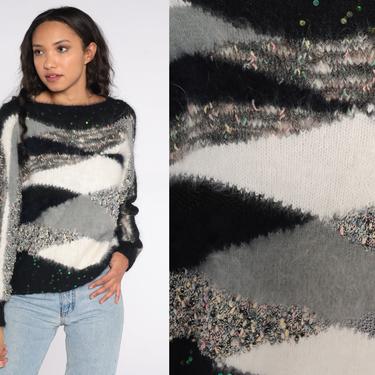 Angora Sequin Sweater Black White Sweater 80s Fuzzy Color Block Geometric Boatneck Knit Slouchy 1980s Pullover Vintage Boat Neck Large 