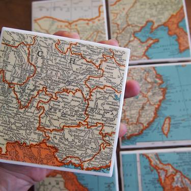 1946 China Vintage Map Coasters Set of 6 - Ceramic Tile - Repurposed 1940s Atlas - Handmade - Korea Mongolia Vietnam Cambodia Malaysia 