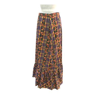 Vintage VTG 1970s 70s Purple Yellow Floral Prairie Maxi Skirt 