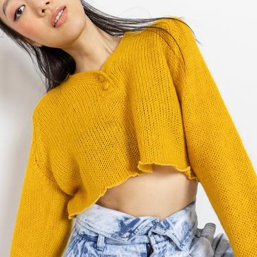 CROPPED YELLOW MOHAIR Mustard Spring Knitwear Jumper Sheer Loose Long Sleeves / Medium 