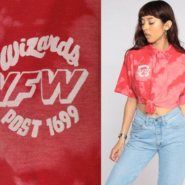 VFW Veteran Shirt 1699 Tie Dye Shirt Crop Top 90s Button Up Shirt Red Cropped Blouse 1990s Vintage Half Button Polo Extra Large xl 