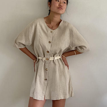 90s linen tunic blouse duster / vintage natural oatmeal linen cinched waist belted short sleeve tunic blouse mini dress duster | M 
