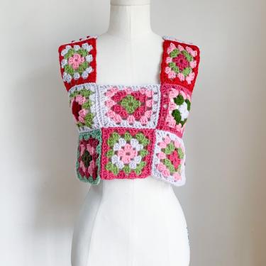 Vintage 1970s Granny Square Crochet Top / XS 