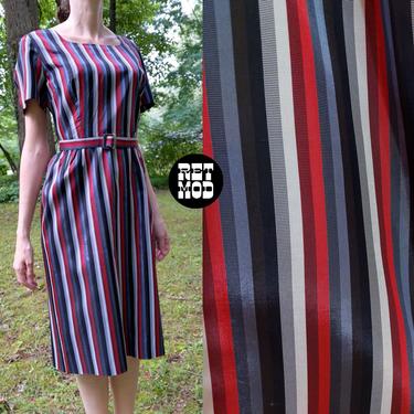 Classy Vintage 50s 60s Black Gray Red Stripe Taffeta Dress 