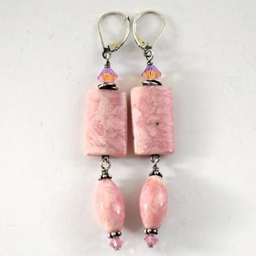 80's 925 silver rhodochrosite AB crystal boho dangles, long pink stones Aurora Borealis beads sterling shoulder duster earrings 