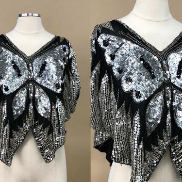 Vintage Late 1970's Black &amp; Silver Sequins Butterfly Top, Vintage Sequin Top, 80s Disco, Studio 54, Vintage Boho Hippie, Size Medium by Mo