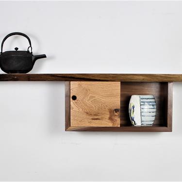 Free Shipping Prototype walnut and red oak live edge wall entry accent shelf with small cabinet In stock 