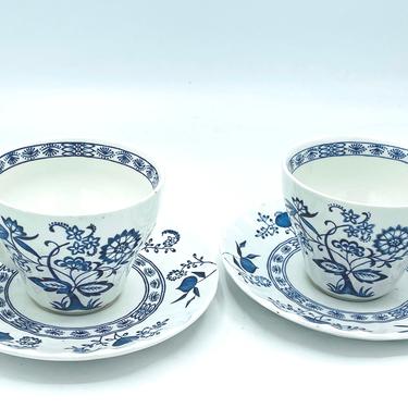 Vintage 1960's J &amp; G MEAKIN Blue Nordic Blue White (2) Cups Saucers, Ironstone England 