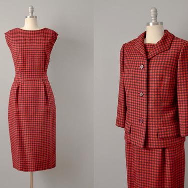 50s Suit // 1950’s Ben Reig Red Houndstooth Wool Dress Set w/ Matching Jacket // M-L 