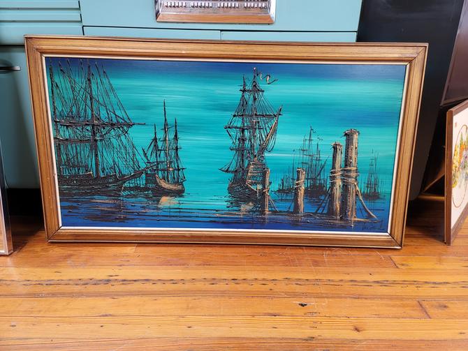 Vintage purchases mid century modern ship painting signed Fairchild