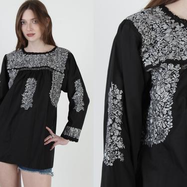 Long Sleeve Oaxacan Top / Blkack Mexican Tunic / Womans Hand Embroidered Bell Sleeves / San Antonia Floral Puebla Blouse 