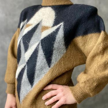 Vintage Brown 80's Geometric Wool and Mohair Strong Shoulder Sweater 