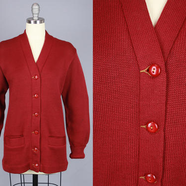 1940s Burgundy Red Cardigan | Vintage 40s Collegiate Wool Sweater | medium 
