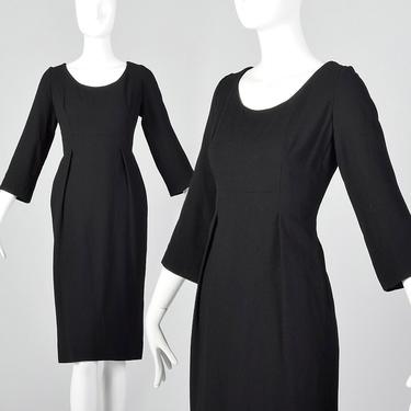 XS Geoffrey Beene Black Wool Pencil Dress Scoop Neck Pleats Fitted Tapered Skirt Lingerie Loops Slit Vintage 1960s Little Black Dress 