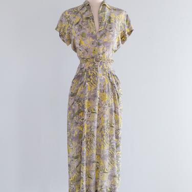 Exquisite 1940's Yellow &amp; Green Silk Day Dress / Medium