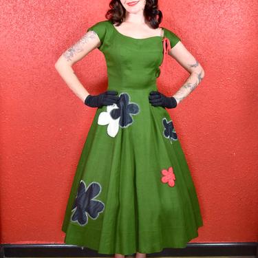 1950s Jo Copeland Linen Green Fit &amp; Flare Dress 