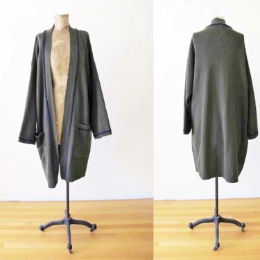 Vintage 90s Long Robe Cardigan Sweater M - Olive Green Wool Cardigan - Buttonless Robe Sweater - Kimono Cardigan - 90s Minimalist Clothing 