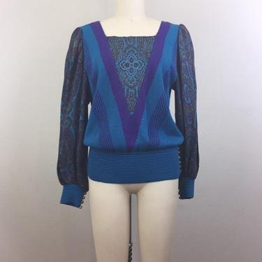 Vintage 80s 90s Blue Teal Abstract Paisley Sweater Umi Collections 1980s 1990s M 