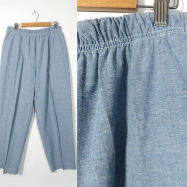 Vintage 80s/90s High Waist Lightweight Chambray Cotton Elastic Waist Straight Leg Cropped Pants Made In USA Size L 