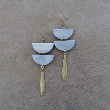 Large earrings, long earrings, bold steel blue earrings, wood and brass earrings, Afrocentric earrings, tribal earrings, African earrings 
