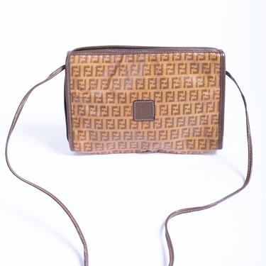 Vintage FENDI 1980s Crossbody Zucchino Print Coated Canvas Bag Logo FF Brown Beige 80s Zucca 