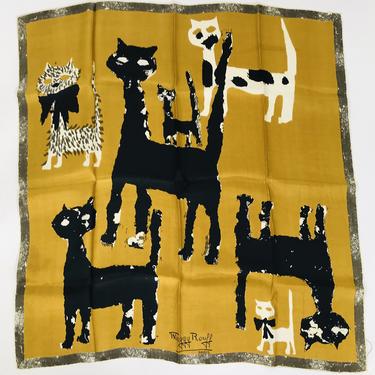 SOLD Maggy Rouff The Cats of Paris Silk Scarf in Gold &amp; Black 1960s Art to Frame