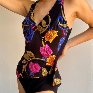80's Floral Stoned One Piece Swimsuit 