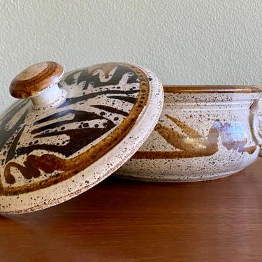 Vintage John Schulps casserole covered dish / mid century signed California pottery 