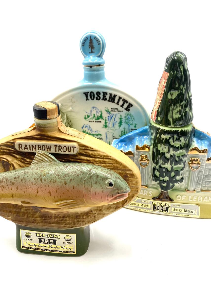 Vintage Jim Beam Bourbon Whiskey Decanters, Rainbow Trout, Yosemite, Tall, Tripod Vintage