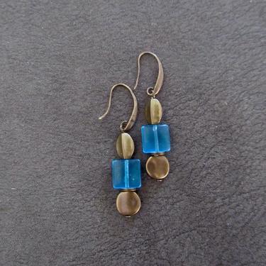 Sea glass earrings, boho chic earrings, tribal ethnic earrings, bold earrings, bronze earrings, unique artisan earrings, blue frosted glass 