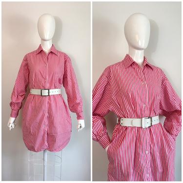 Vintage 1980s Bill Blass Shirt 80s Oversized Stripe Shirt Dress Pocket Pockets 