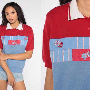 80s Floral Shirt Blue Color Block Polo Shirt Slouchy Top Print Slouch Shirt Blouse Short Sleeve T Shirt 90s Vintage Red Large L 