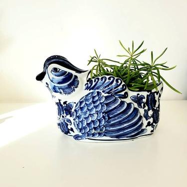 Vintage Blue Chinoiserie Mandarin Duck Cache Pot Planter 