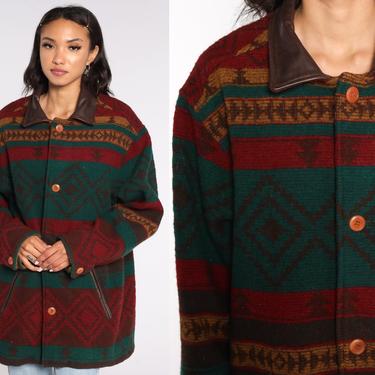 Wool Blanket Coat Eddie Bauer Jacket Southwest Jacket LEATHER COLLAR Boho Tribal 80s Aztec Hippie Southwestern Vintage Green Men's Medium 