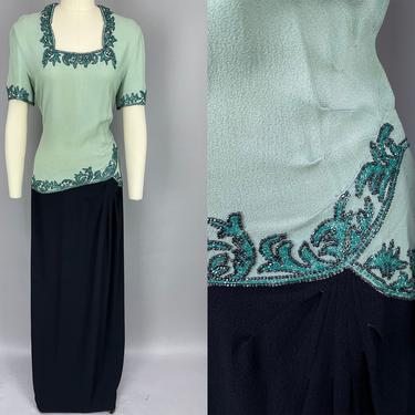 1940s Two Tone Beaded Gown | Vintage 40s Green &amp; Black Dress | large 