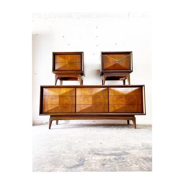 Mid Century Dresser and Nightstands by United Diamond Front 