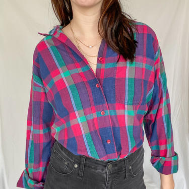 Vintage Button Up/ Plaid Shirt/ Jewel Tones/ Vintage Plaid Shirt/ Button Up Shirt/ Medium/ Large 