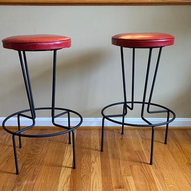 Mid-Century Frederick Weinberg Wrought Iron Bar Stools, a Pair, Counter Height 