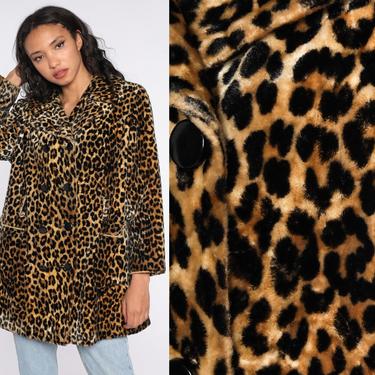 Leopard Faux Fur Coat 80s FUZZY Jacket Furry Vegan Vintage Bohemian Brown Animal Print Coat Punk Glam Rock Large L 