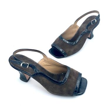 Vintage 1980s Two Tone Shoes, Brown Suede Black Patent Leather Sandals, Open Toe Slingback Spool Heels, US Size 4 - 4 1/2 